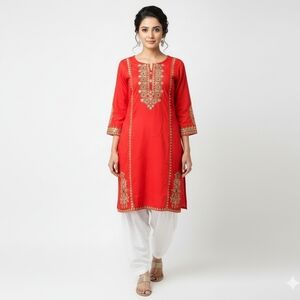 Rang Ja Women's Pakistani Embroidered Kurti - Red, Large